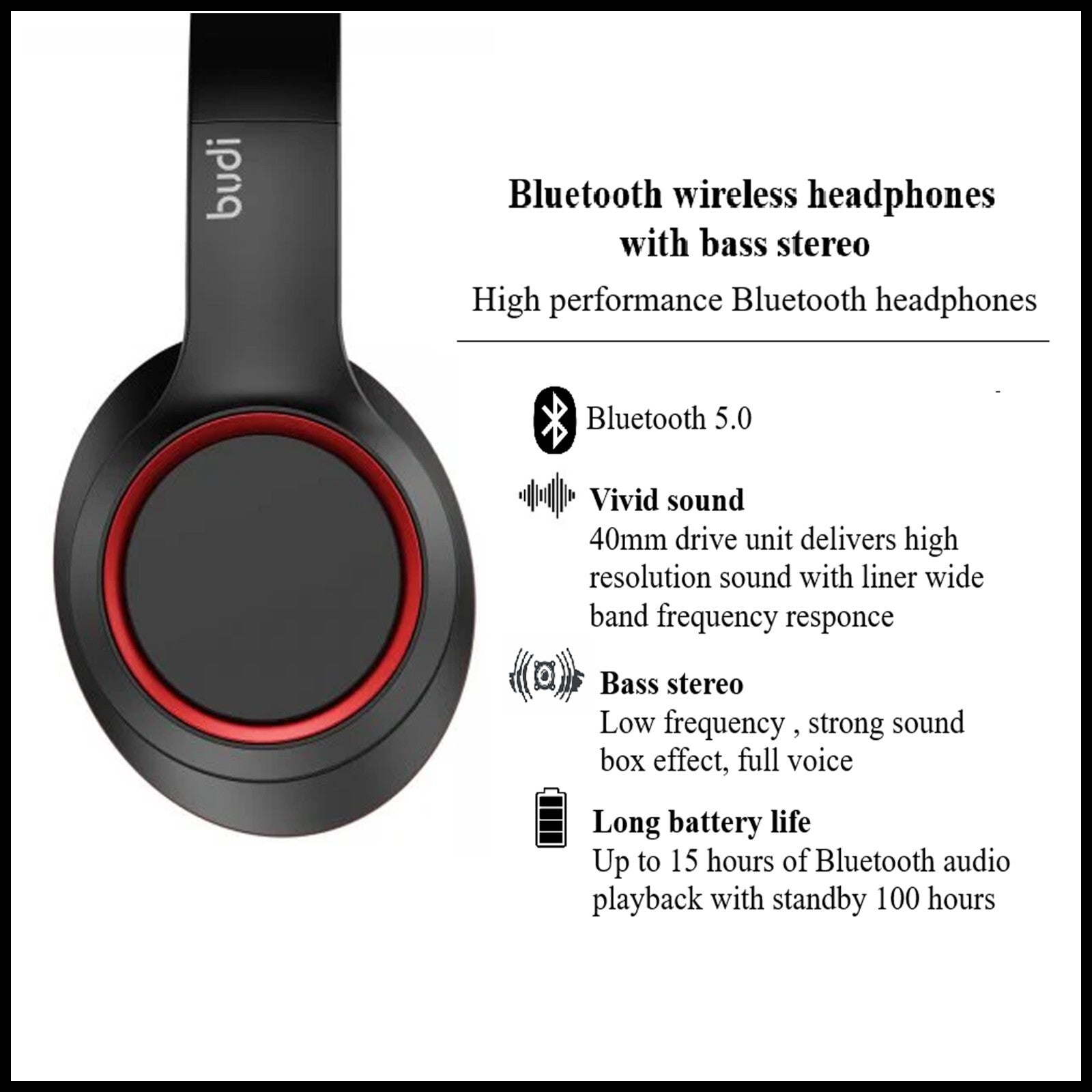 For Budi Bluetooth Wireless Headphones With Bass Stereo