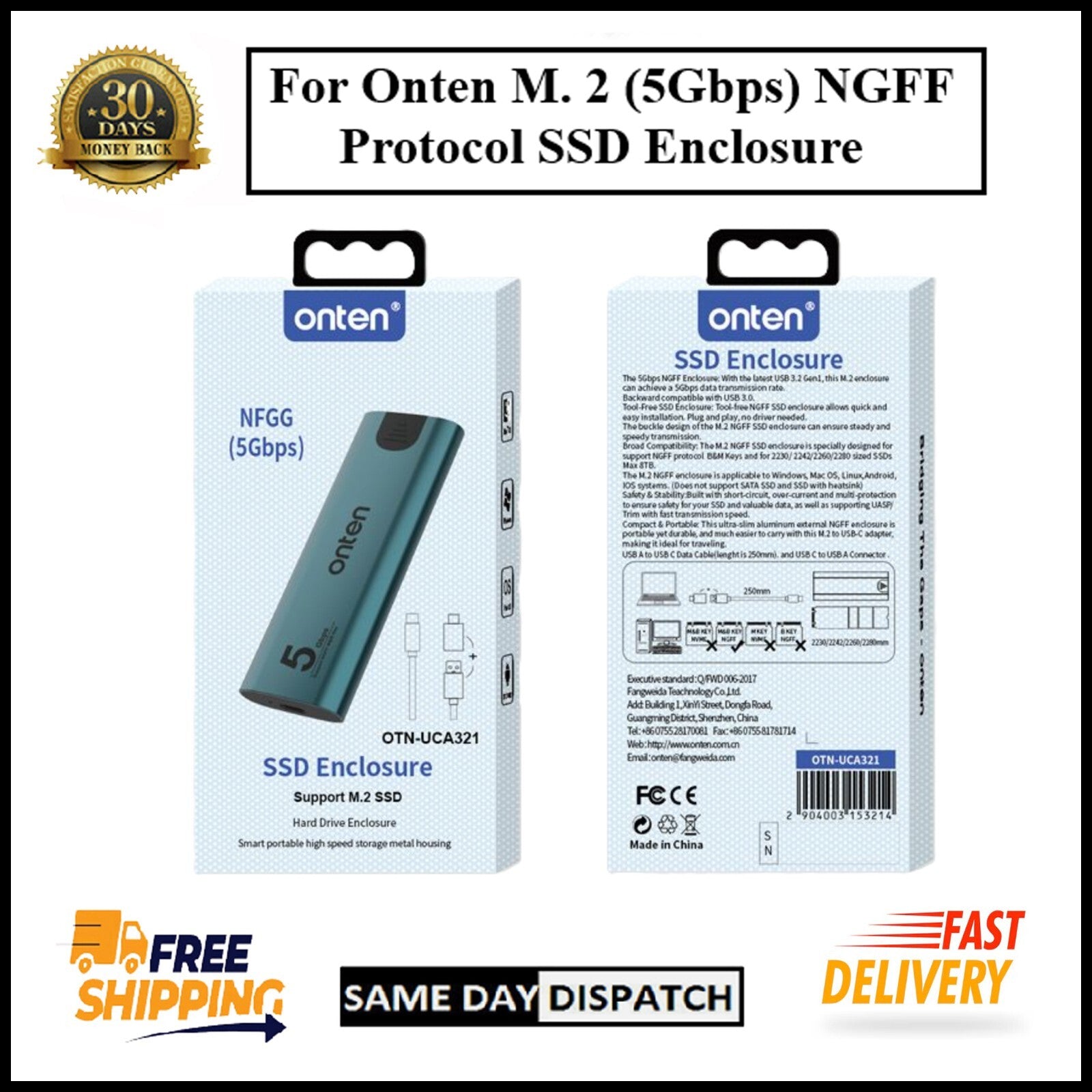 For Onten M.2 (5Gbps) NGFF SSD Enclosure USB 3.2 Gen 1 Portable Aluminium Case