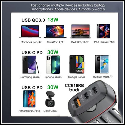 For Budi 60W Fast Car Charger Dual USB-C PD + QC 3.0 Adapter For All Devices