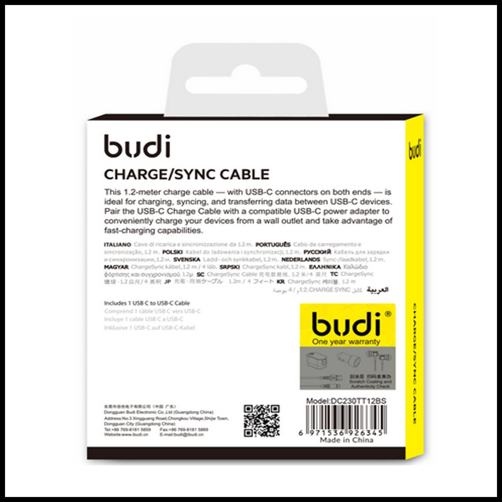 For Budi 1.2M USB Type-C to Type-C Fast Charge Sync Cable