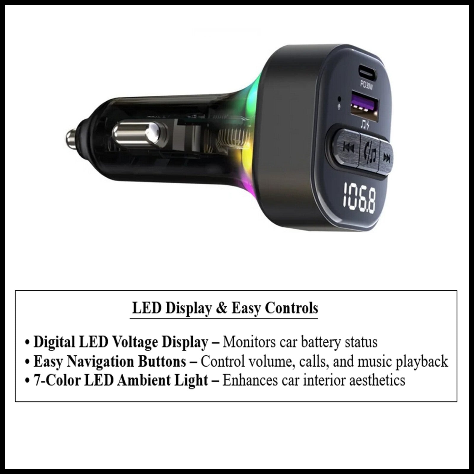 For Budi Bluetooth FM Transmitter Car Charger-36W , LCD Display, Handsfree