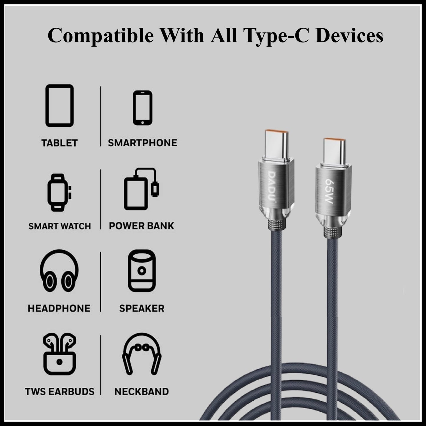 For Dadu 65W Type-C to Type-C Super Fast High Graded Charging Cable-3M