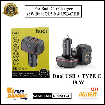 For Budi 48W Dual QC3.0& USB-C PD Car Charger Adapter For Mobile Devices-3 Port