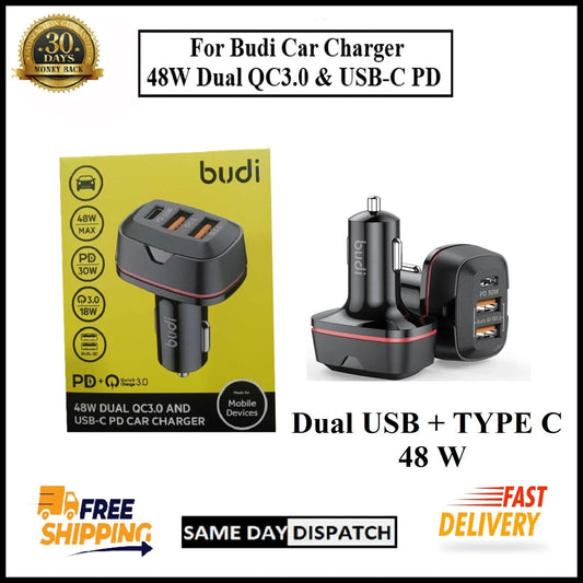 For Budi 48W Dual QC3.0& USB-C PD Car Charger Adapter For Mobile Devices-3 Port