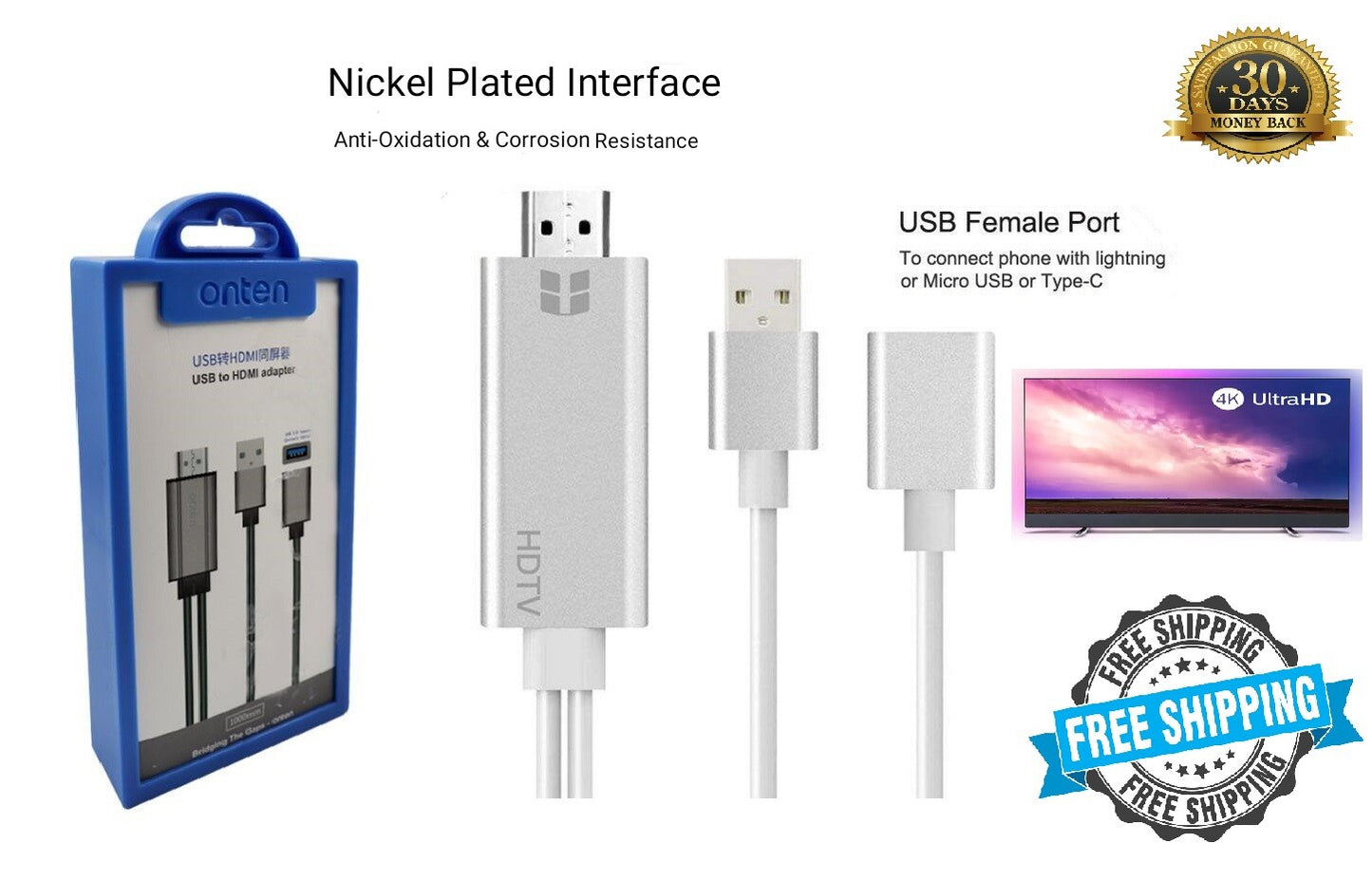 Onten Universal HDMI 4K 1080P HD TV  Adapter Cable for All Mobile Phones