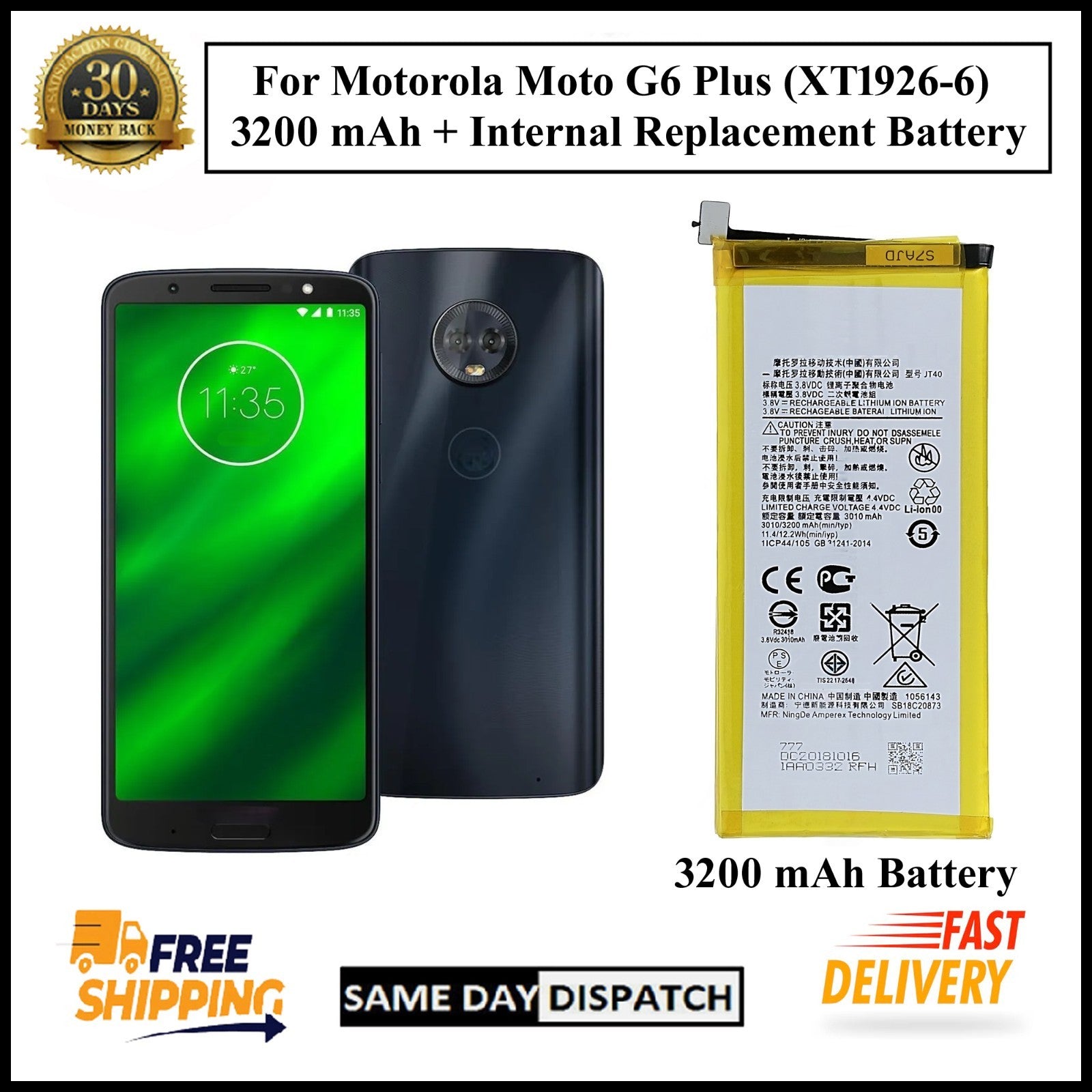 For Motorola Moto G6 Plus XT1926-6 (JT40) 3200mAh+ Internal Replacement Battery