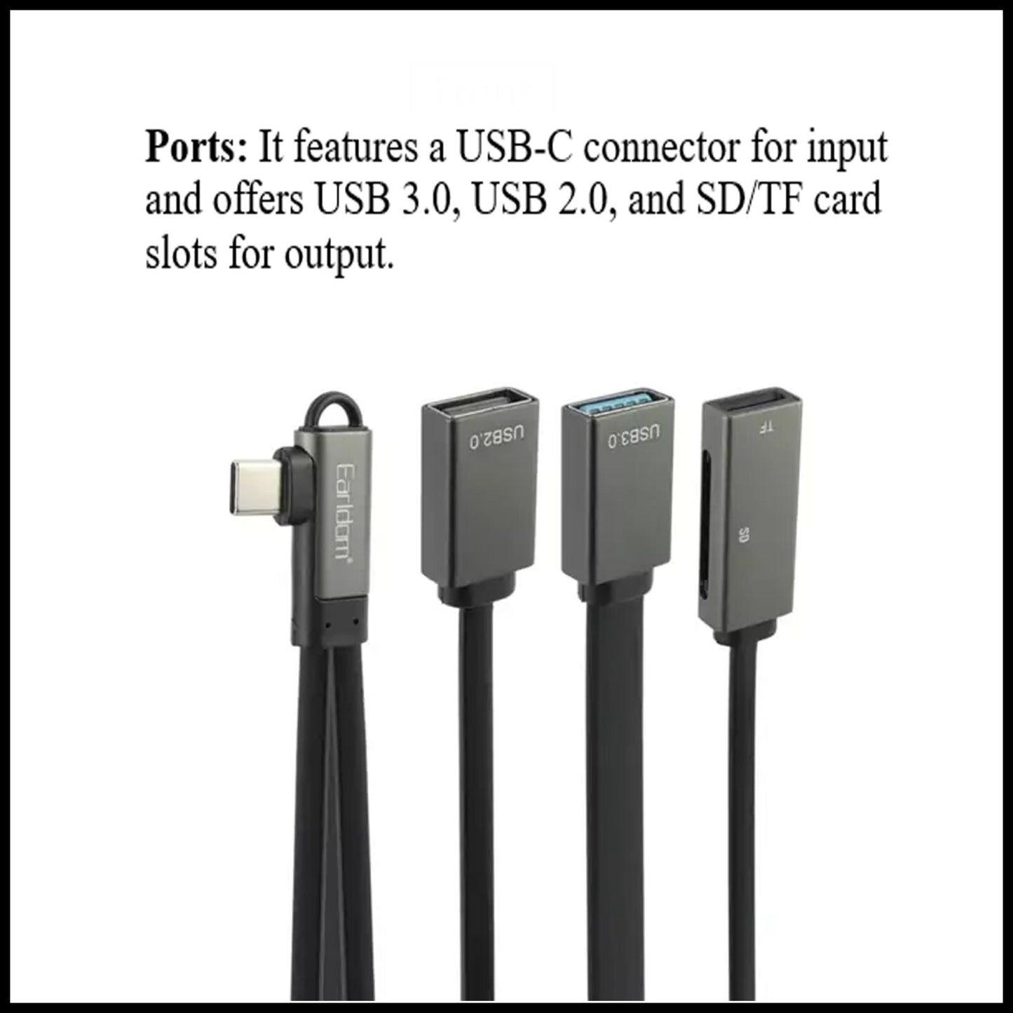 For Earldom USB-C Hub Card Reader 4-in-1 Extension Cable-2 USB Ports+ SD/TF Card