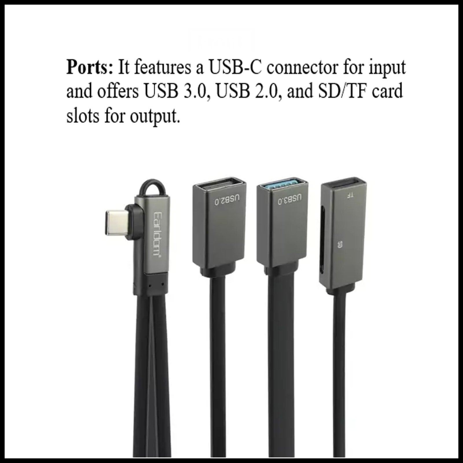 For Earldom USB-C Hub Card Reader 4-in-1 Extension Cable-2 USB Ports+ SD/TF Card