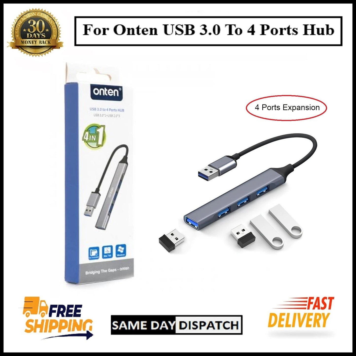 For Onten USB 3.0 to 4 Ports USB Hub High Speed Splitter Adapter