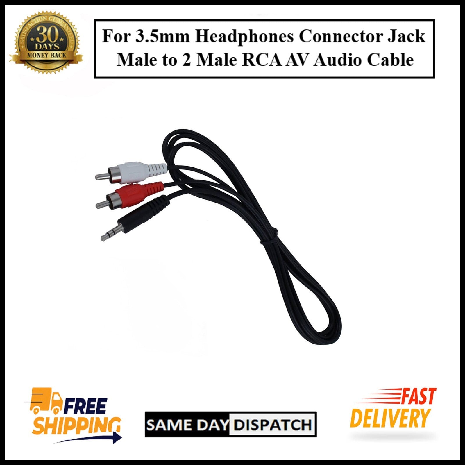For AUX 3.5mm Headphone Connector Jack Male to 2Male RCA Mini Stereo Audio Cable