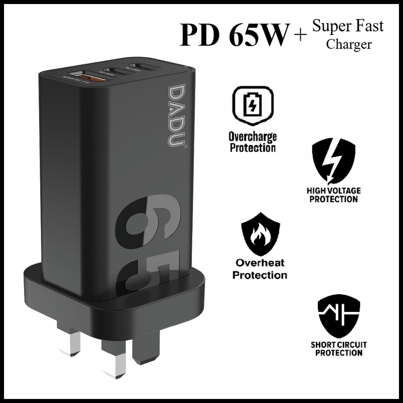 For Dadu GaN 65W PD Dual Type-C USB QC 3.0 Super Fast Wall Charger Adapter Plug