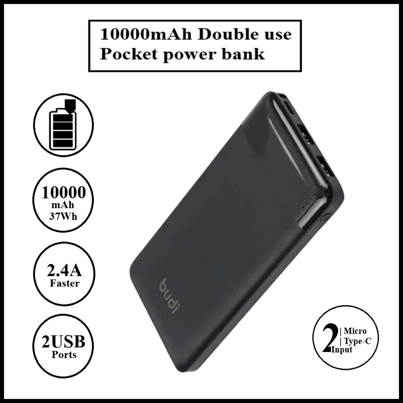 For Budi 10000mAh Pocket Power Bank Fast Charging Double USB Ports