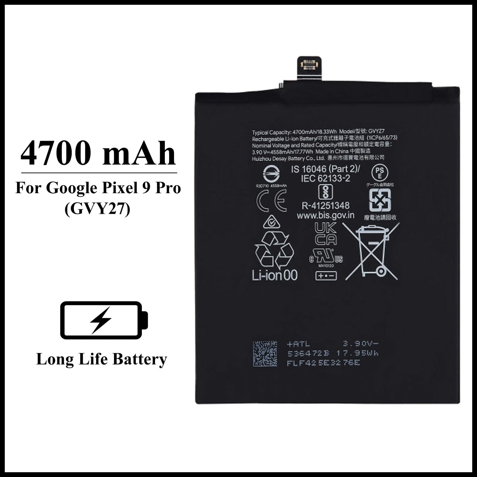 For Google Pixel 9 Pro (GVY27) 4700mAh+ Internal Replacement Battery