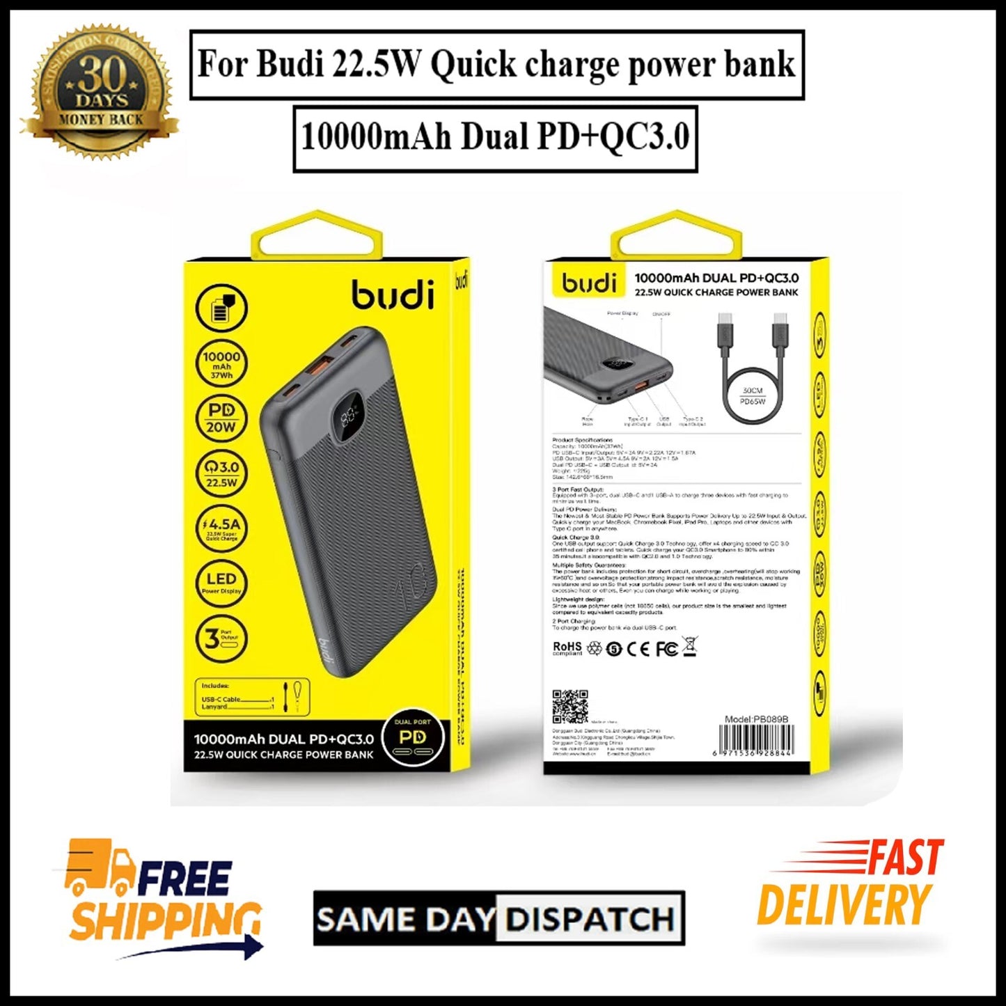 For Budi 22.5W Quick Charge Power Bank- 10000mAh Dual PD+QC 3.0