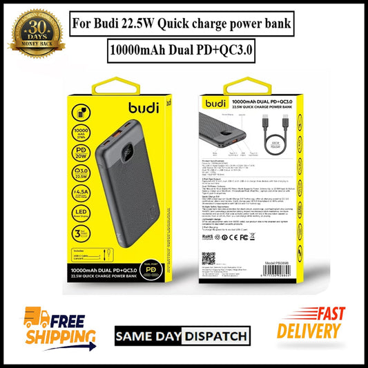 For Budi 22.5W Quick Charge Power Bank- 10000mAh Dual PD+QC 3.0