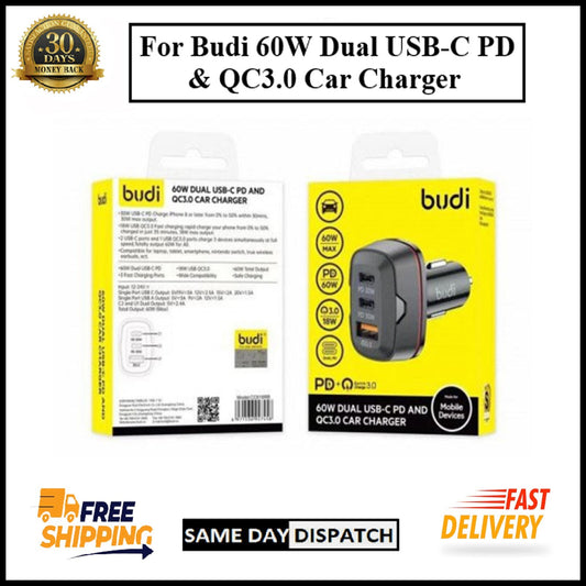 For Budi 60W Fast Car Charger Dual USB-C PD + QC 3.0 Adapter For All Devices