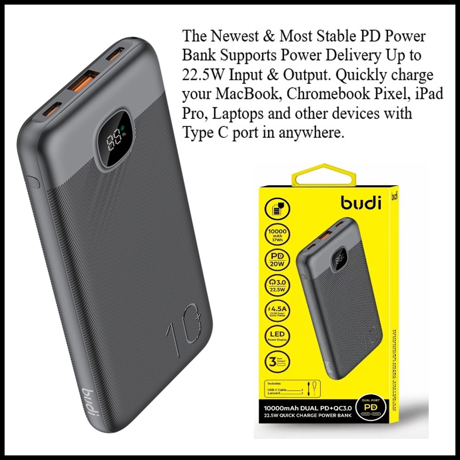 For Budi 22.5W Quick Charge Power Bank- 10000mAh Dual PD+QC 3.0