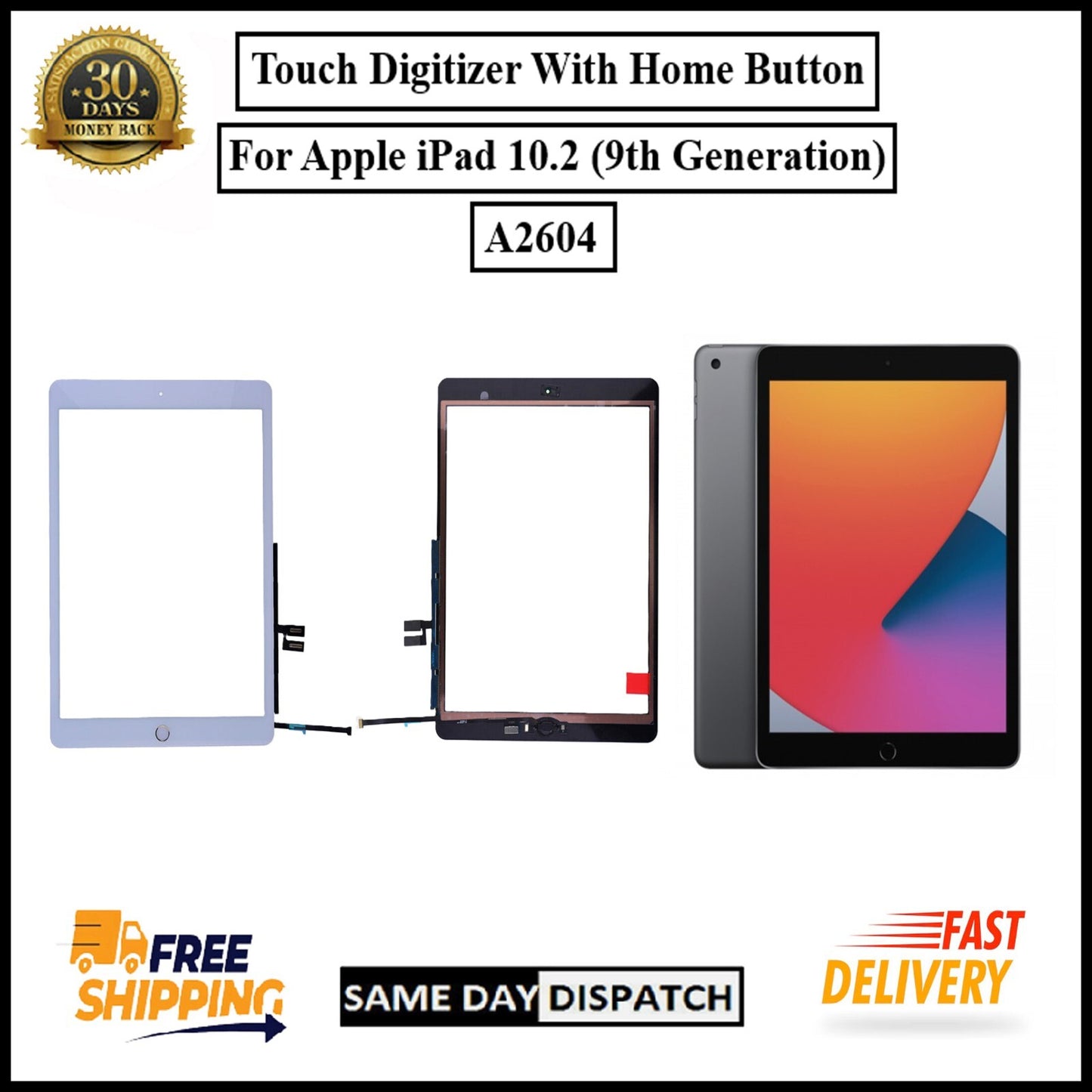 For Apple iPad 10.2 (9th Gen) A2604 Touch Digitizer With Home Button Replacement