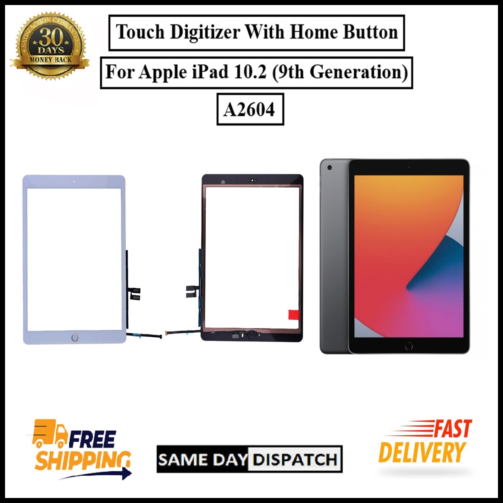 For Apple iPad 10.2 (9th Gen) A2604 Touch Digitizer With Home Button Replacement