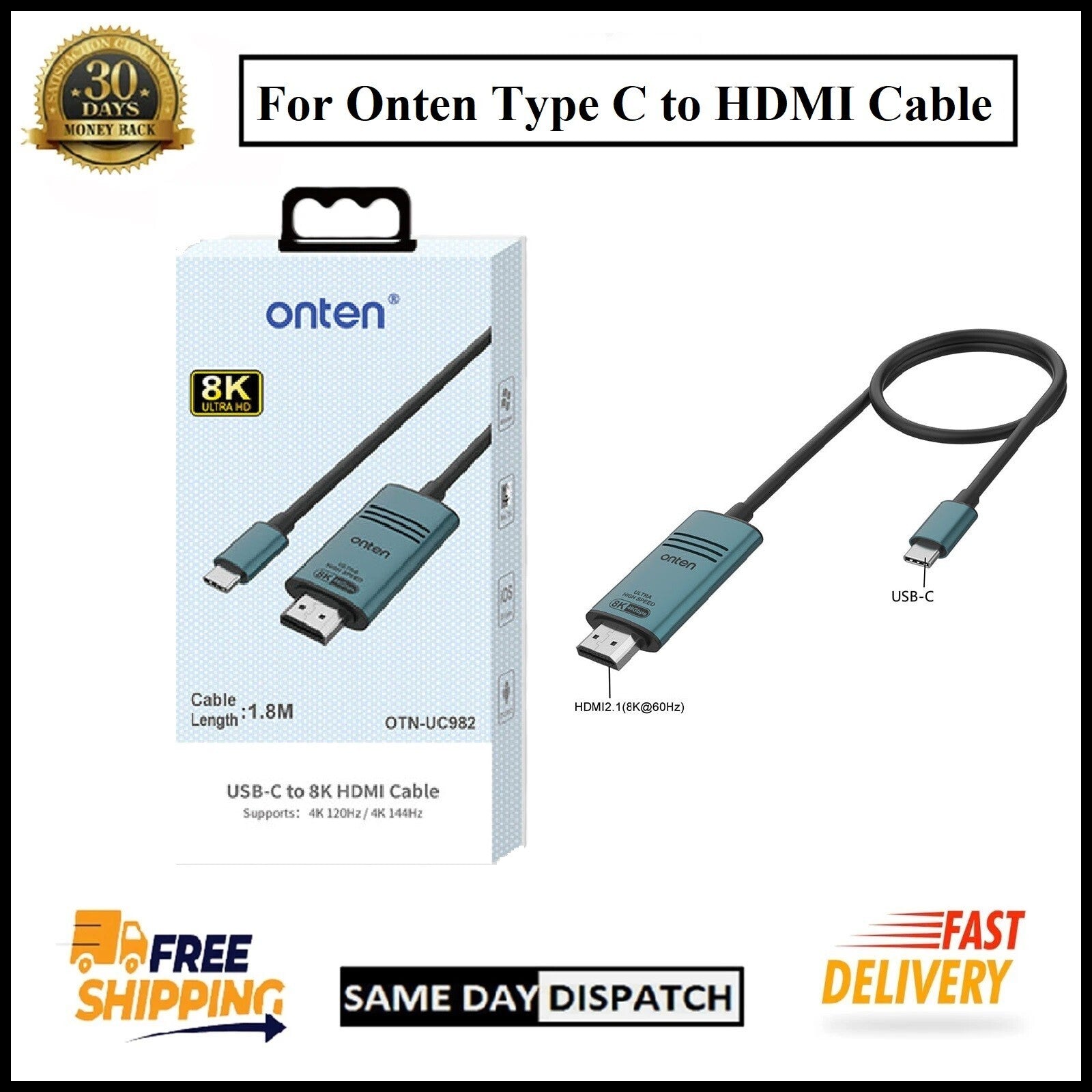 For Onten OTN-UC952 USB-C  to HDMI Cable Connector Adapter Screen Mirroring-1.8M