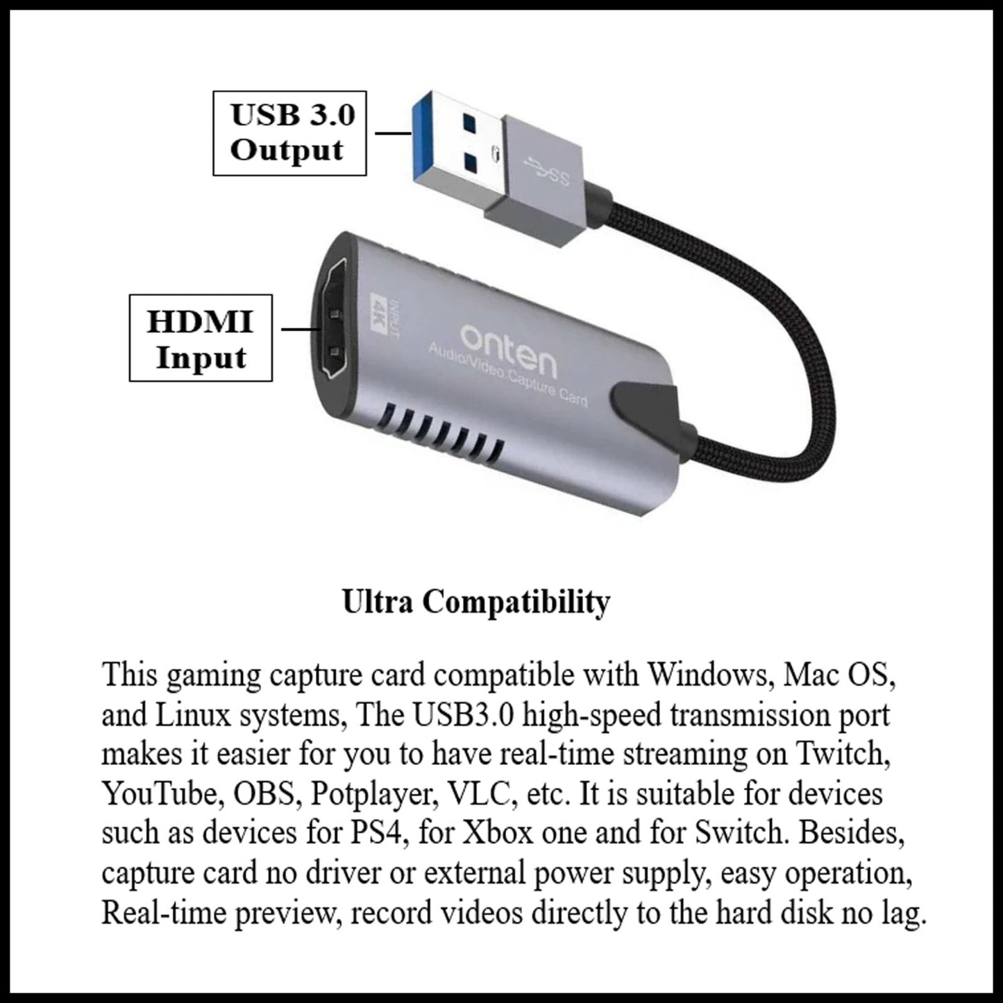 For Onten OTN-US323 USB to Female HDMI Adapter 4k Input 1080p Output