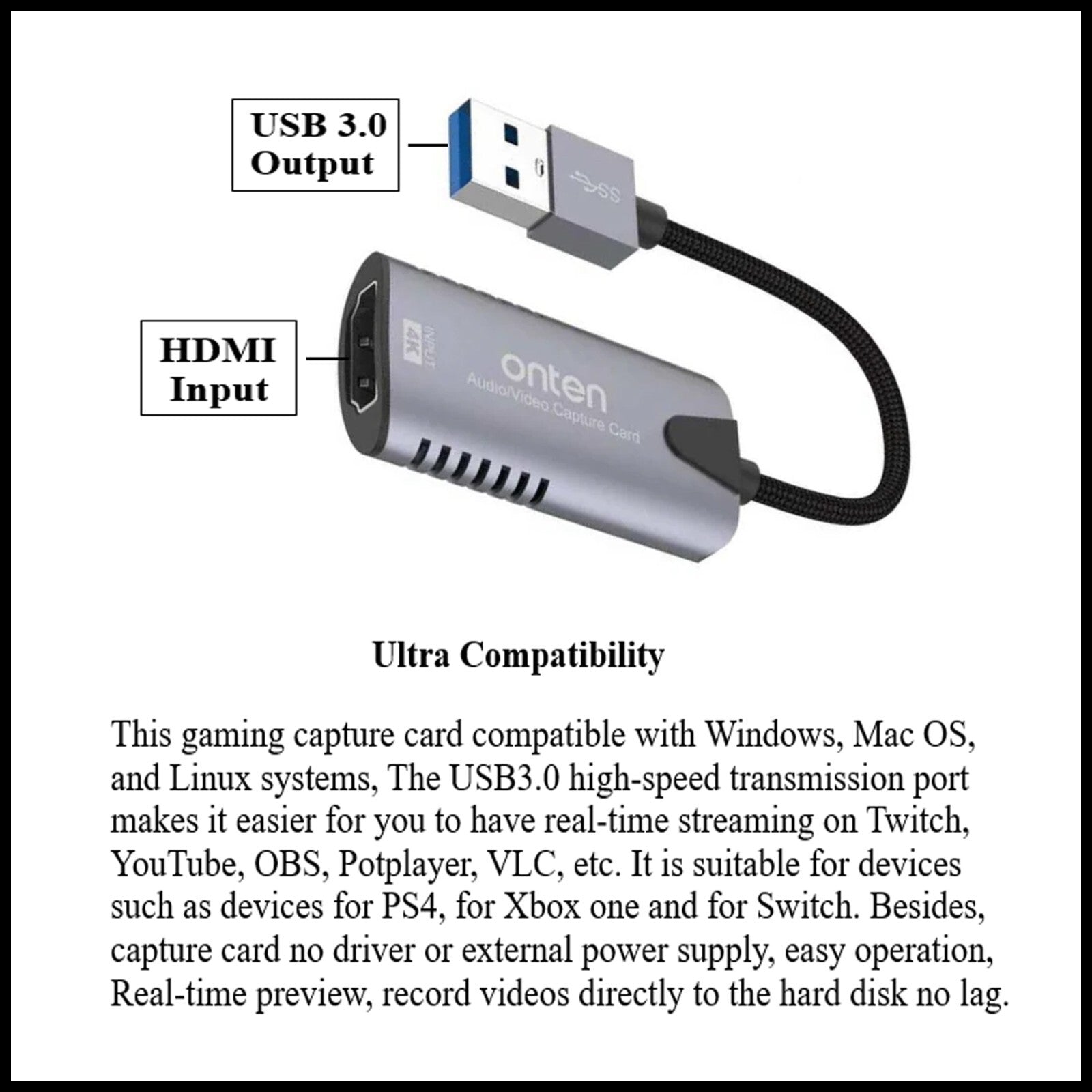 For Onten OTN-US323 USB to Female HDMI Adapter 4k Input 1080p Output