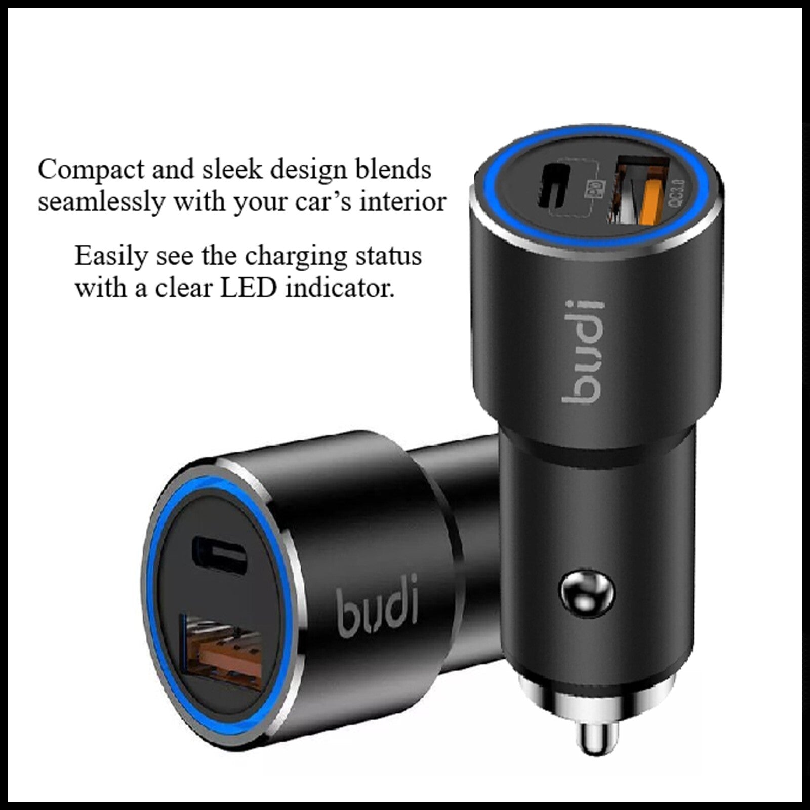 For Budi 38W Dual Port Car Charger USB-C PD 20W+QC 3.0 18W Fast Charging