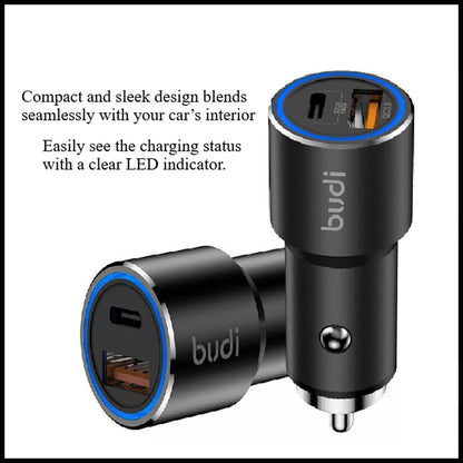 For Budi 38W Dual Port Car Charger USB-C PD 20W+QC 3.0 18W Fast Charging