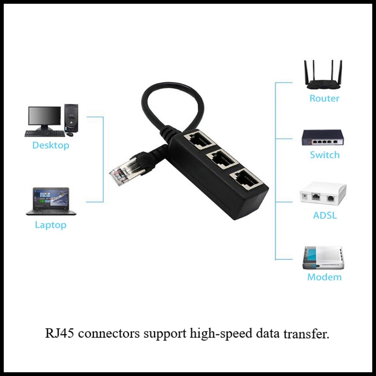 For RJ45 Fast Ethernet Splitter 1 Male to 3 Female LAN Network Cable Adapter