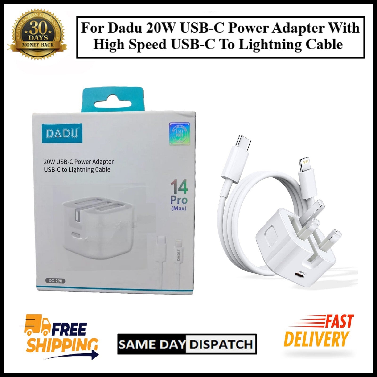 For Dadu 20W USB-C Power Adapter With Type-C to iPhone Fast Charger Cable