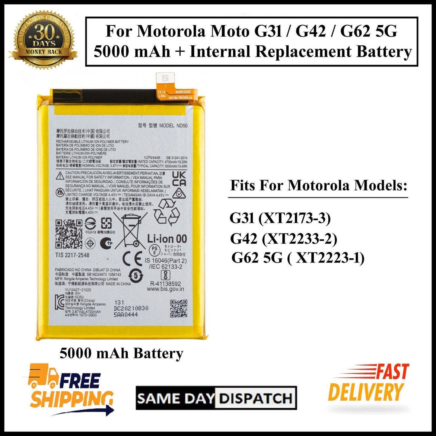 For Motorola Moto G31 /G42 /G62 5G /(ND50) 5000mAh+ Internal Replacement Battery