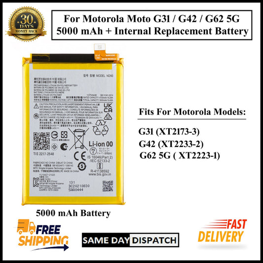 For Motorola Moto G31 /G42 /G62 5G /(ND50) 5000mAh+ Internal Replacement Battery