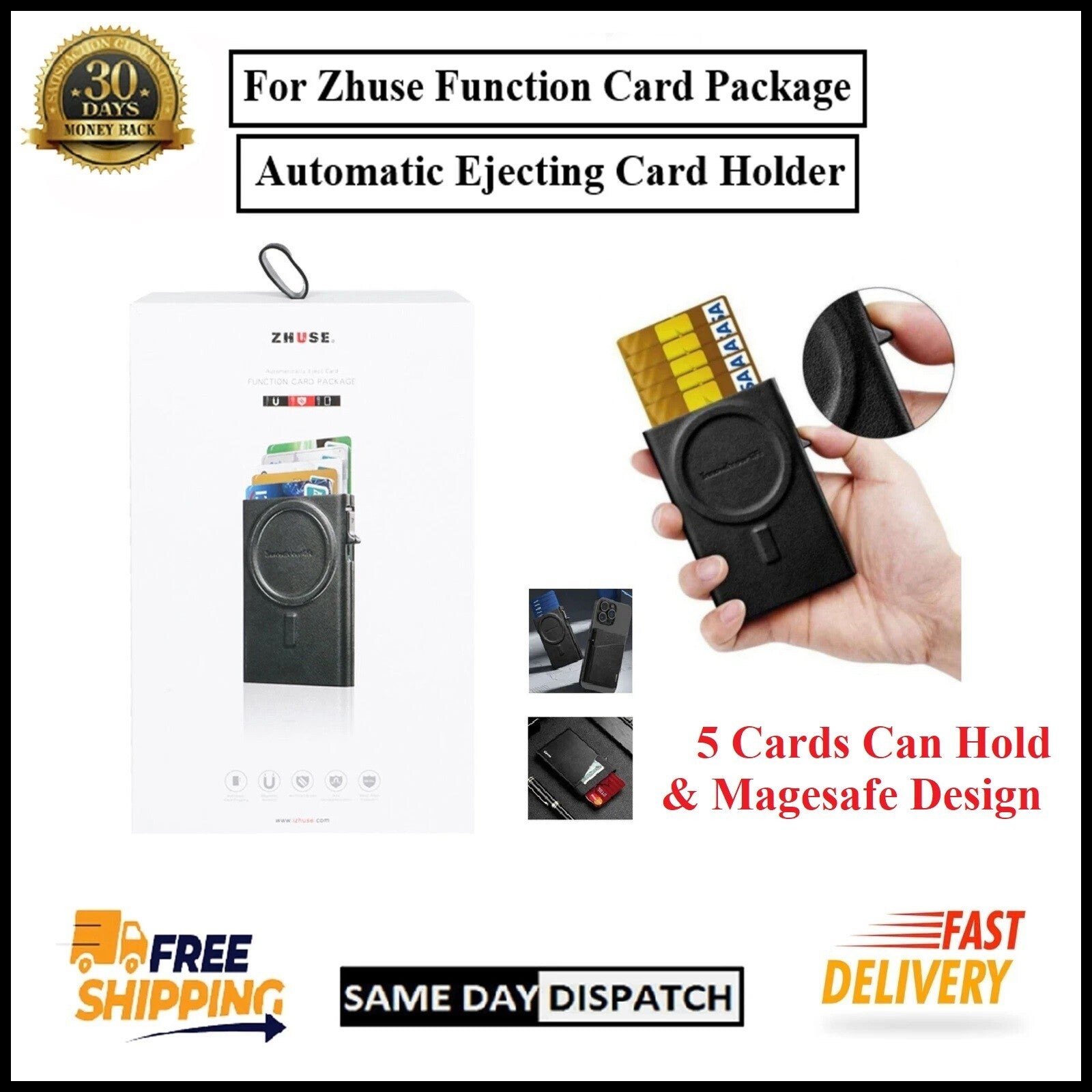 Zhuse Function Card Package Automatic Eject, Pop-up MagSafe Card Wallet-Black