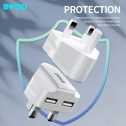 BWOO Fast Charging Dual ( 2 Usb Port )/ 3 Pin Mains Wall Plug Adapter With Cable