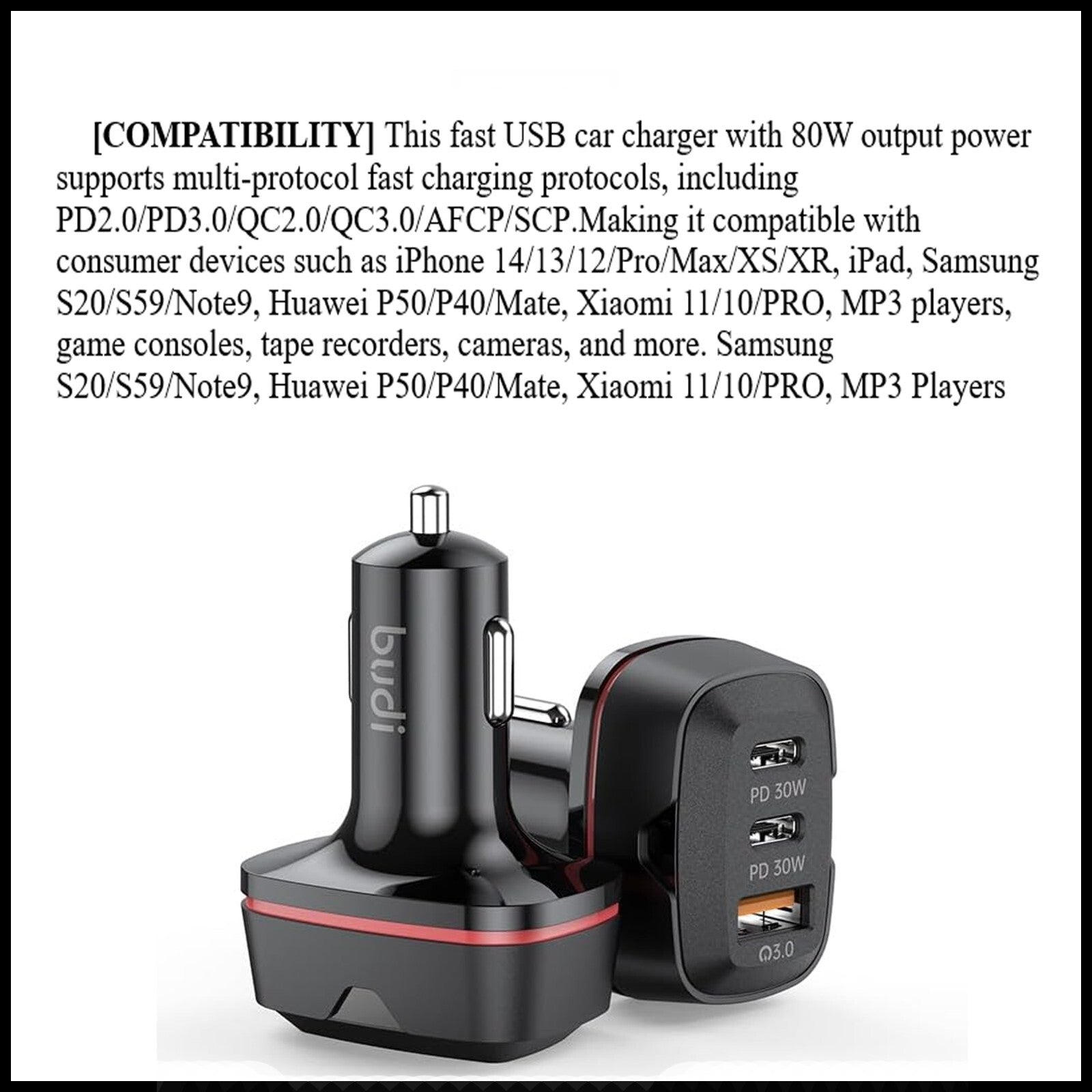 For Budi 60W Fast Car Charger Dual USB-C PD + QC 3.0 Adapter For All Devices