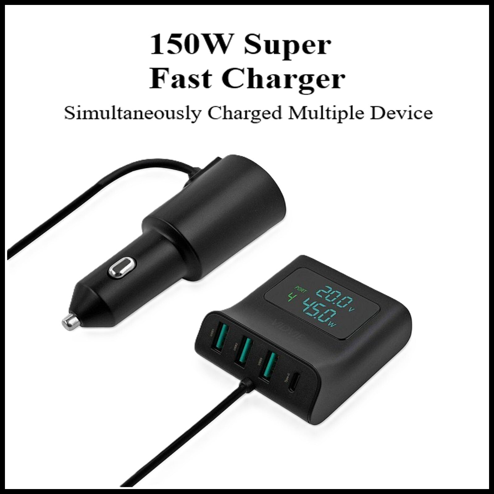 For Vidvie 60W Multifunction USB Fast Car Charger Hub With Display-4 Port