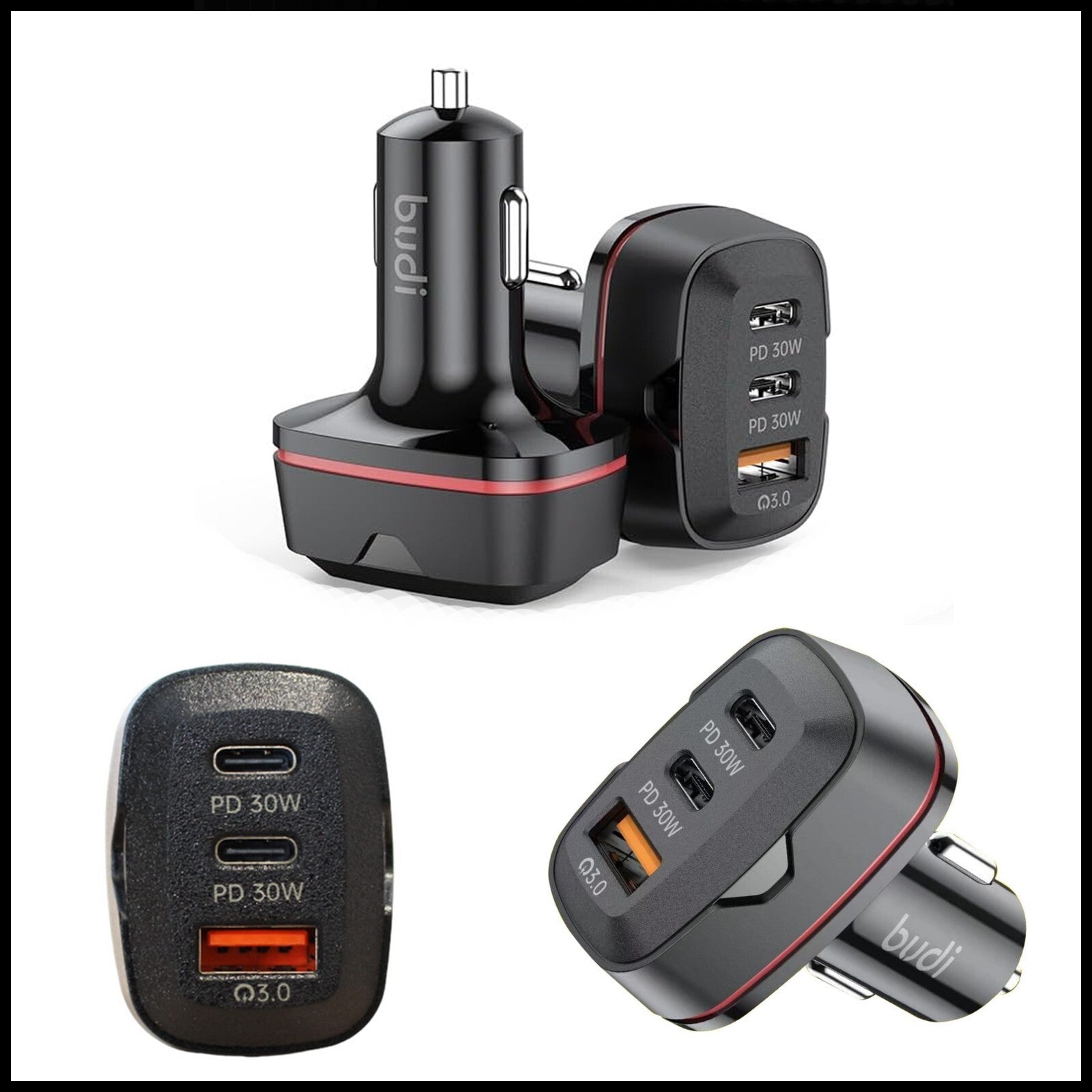 For Budi 60W Fast Car Charger Dual USB-C PD + QC 3.0 Adapter For All Devices