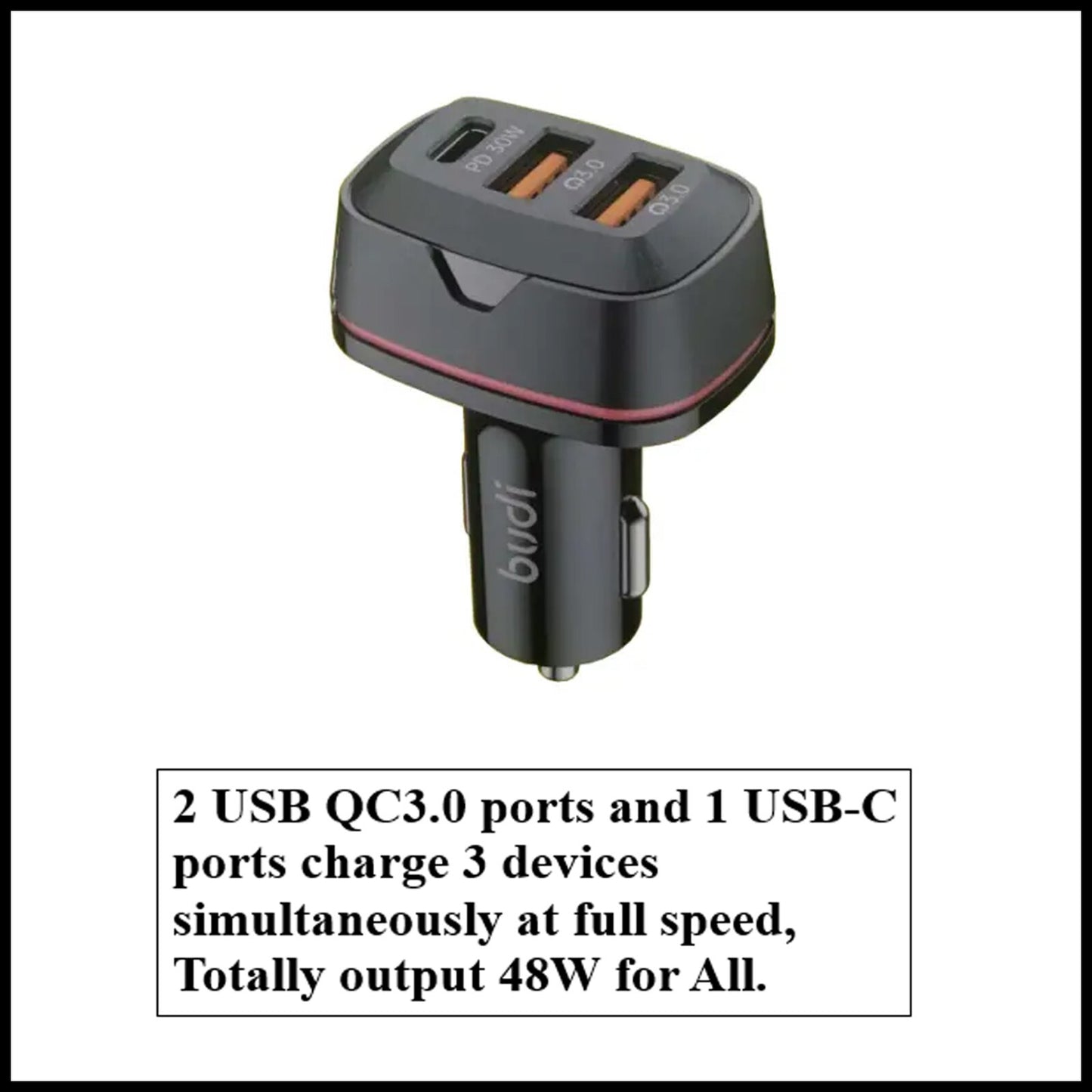 For Budi 48W Dual QC3.0& USB-C PD Car Charger Adapter For Mobile Devices-3 Port