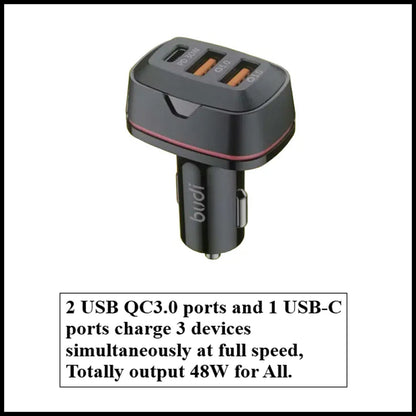 For Budi 48W Dual QC3.0& USB-C PD Car Charger Adapter For Mobile Devices-3 Port