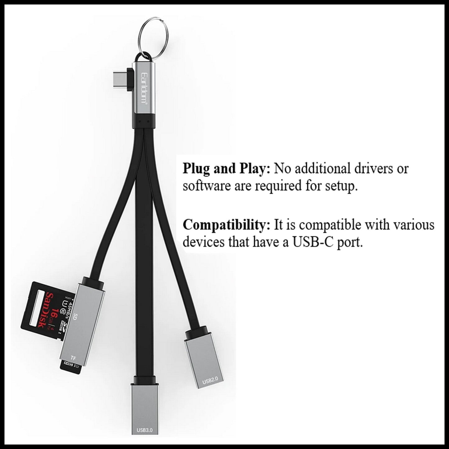 For Earldom USB-C Hub Card Reader 4-in-1 Extension Cable-2 USB Ports+ SD/TF Card