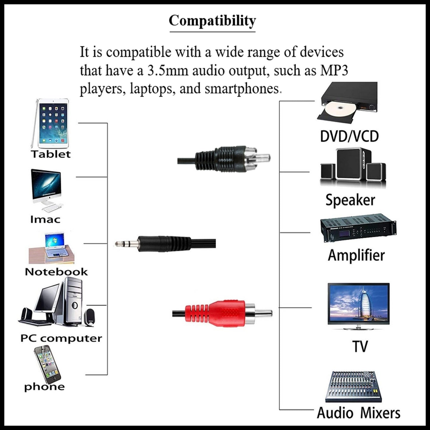 For Daewoo 3.5mm Stereo Jack to 2 X RCA Phono Audio AUX Lead Cable (2m)