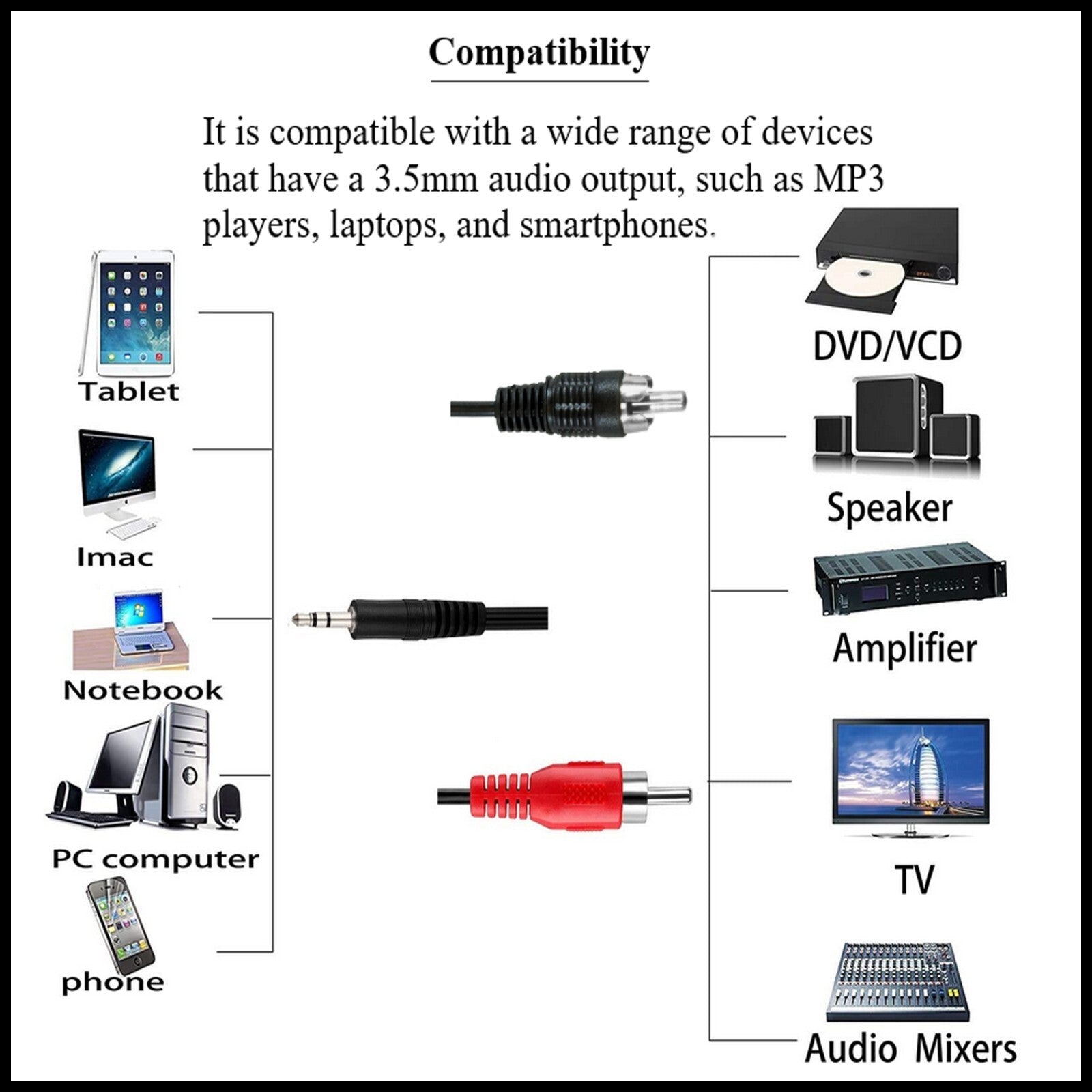 For Daewoo 3.5mm Stereo Jack to 2 X RCA Phono Audio AUX Lead Cable (2m)