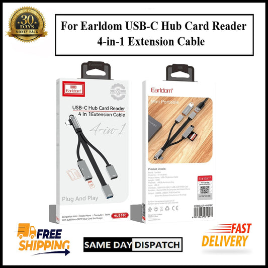 For Earldom USB-C Hub Card Reader 4-in-1 Extension Cable-2 USB Ports+ SD/TF Card