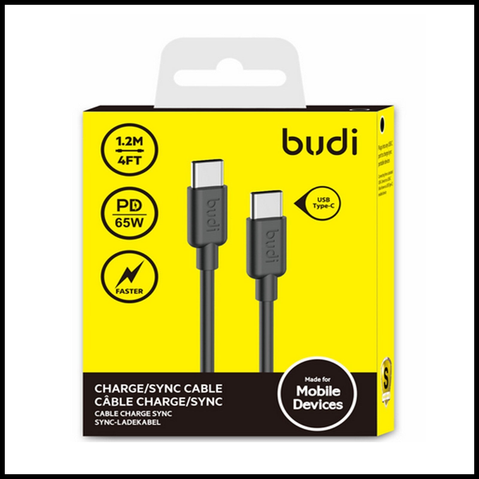 For Budi 1.2M USB Type-C to Type-C Fast Charge Sync Cable