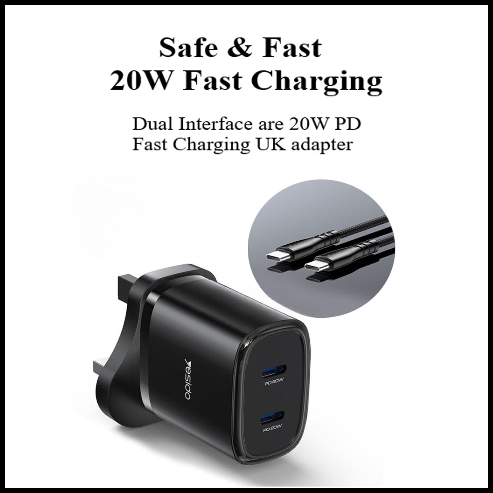 For YESIDO Dual Interface PD 20W USB-C Fast Wall Charger With Type C Cable