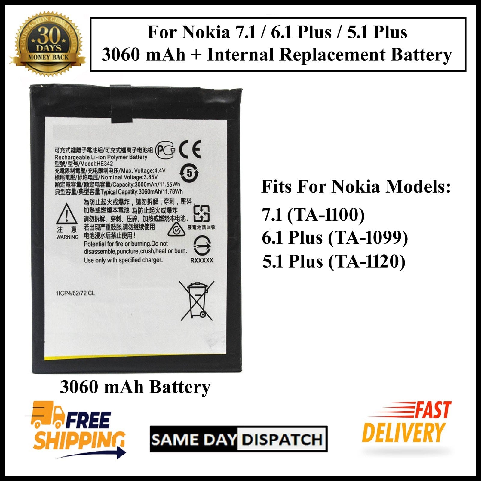For Nokia 7.1 / 6.1 Plus / 5.1 Plus(HE342) 3060mAh+ Internal Replacement Battery