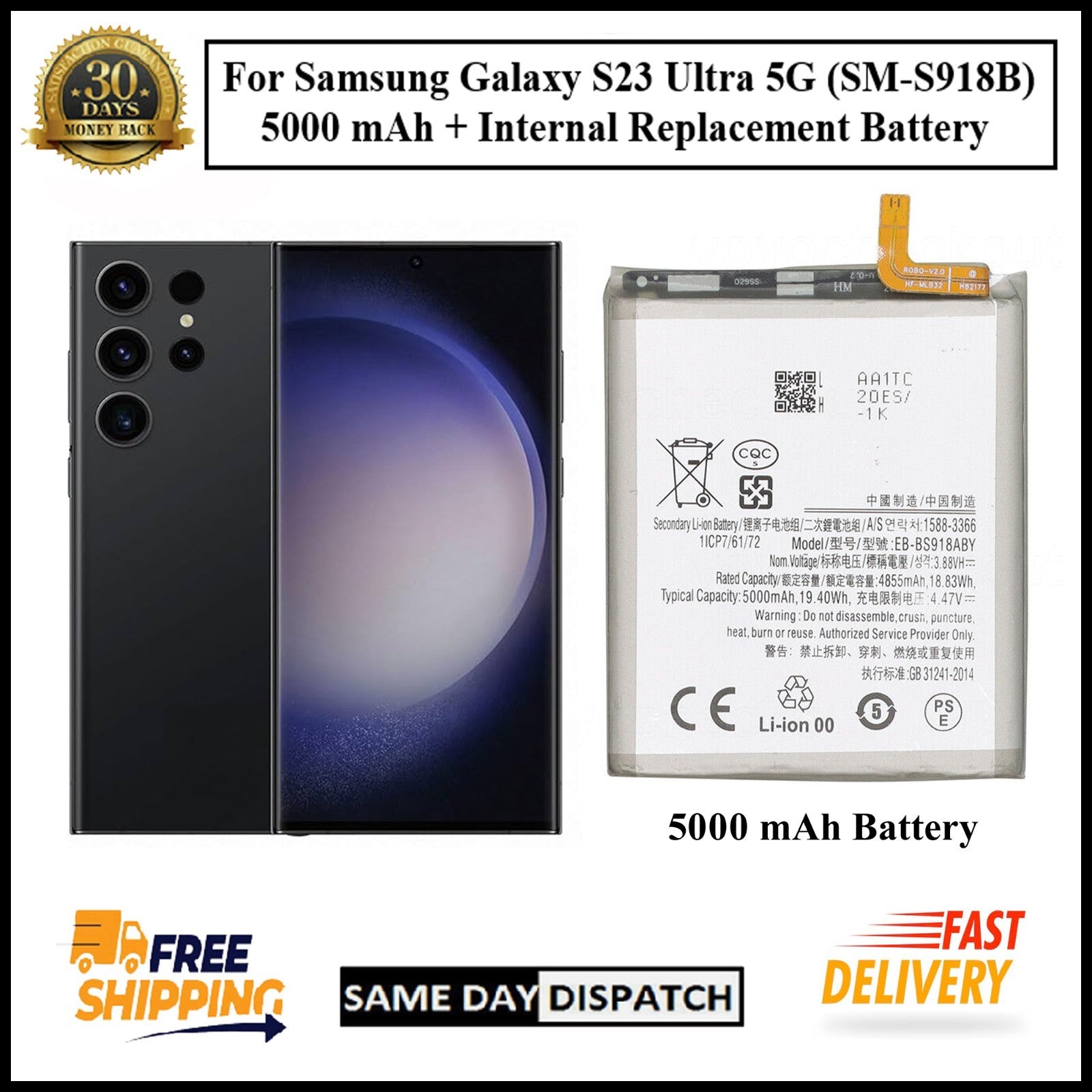 For Samsung Galaxy S23 Ultra 5G (SM-S918B) 5000mAh+ Internal Replacement Battery