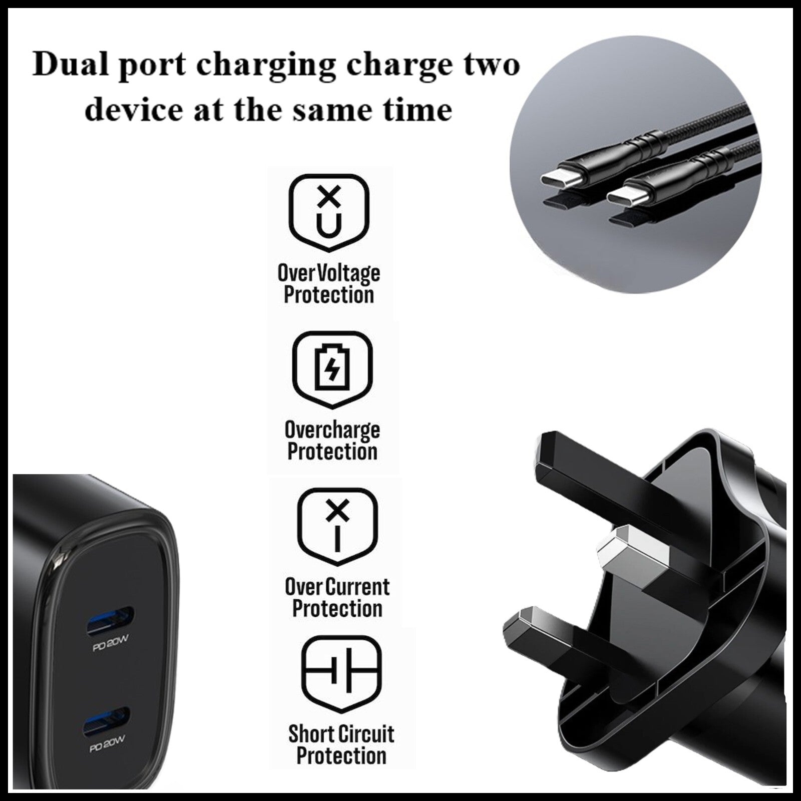 For YESIDO Dual Interface PD 20W USB-C Fast Wall Charger With Type C Cable