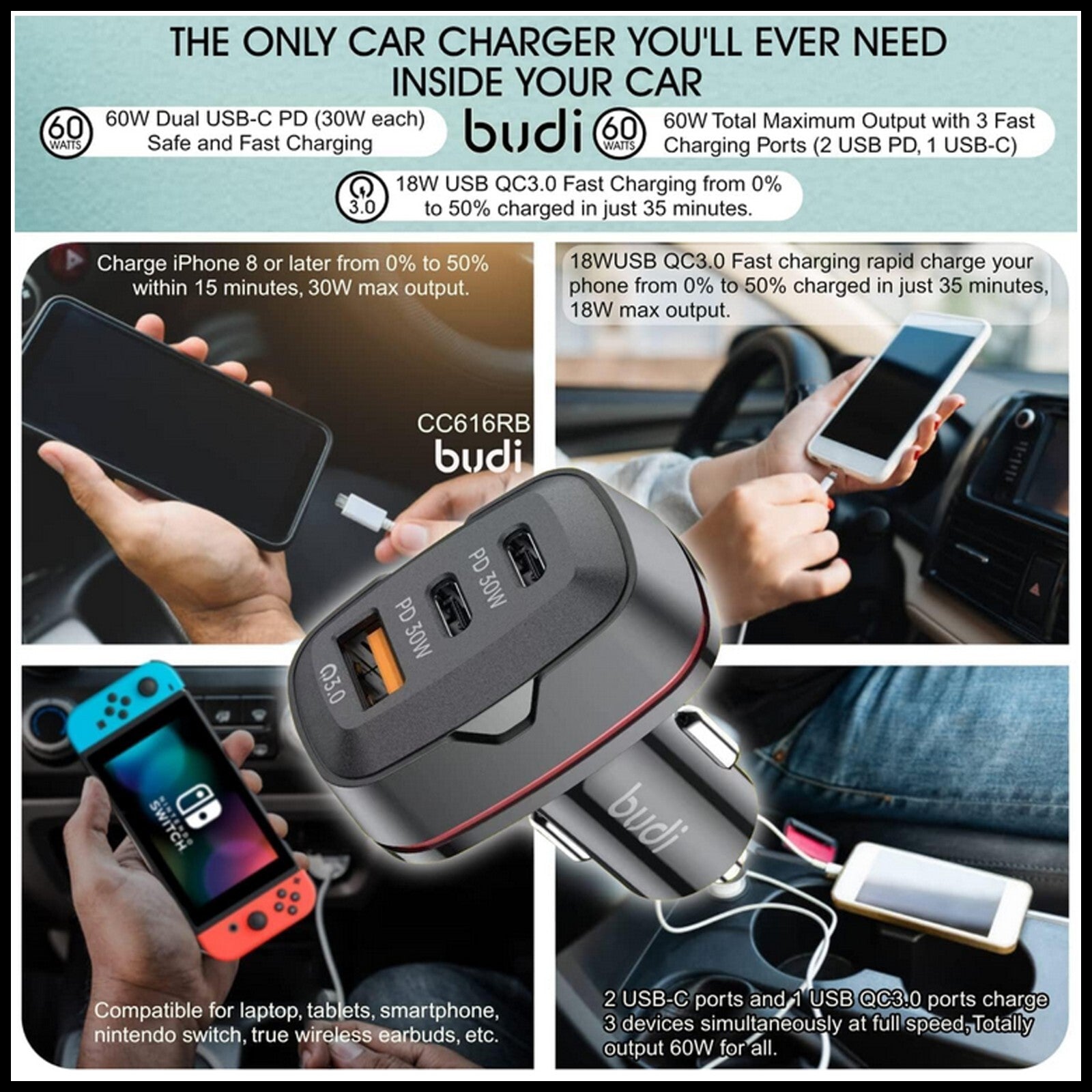 For Budi 60W Fast Car Charger Dual USB-C PD + QC 3.0 Adapter For All Devices