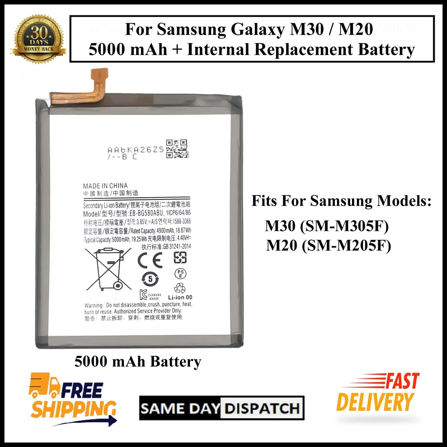 For Samsung Galaxy M30/M20/SM-M305F/M205F 5000mAh+ Internal Replacement Battery